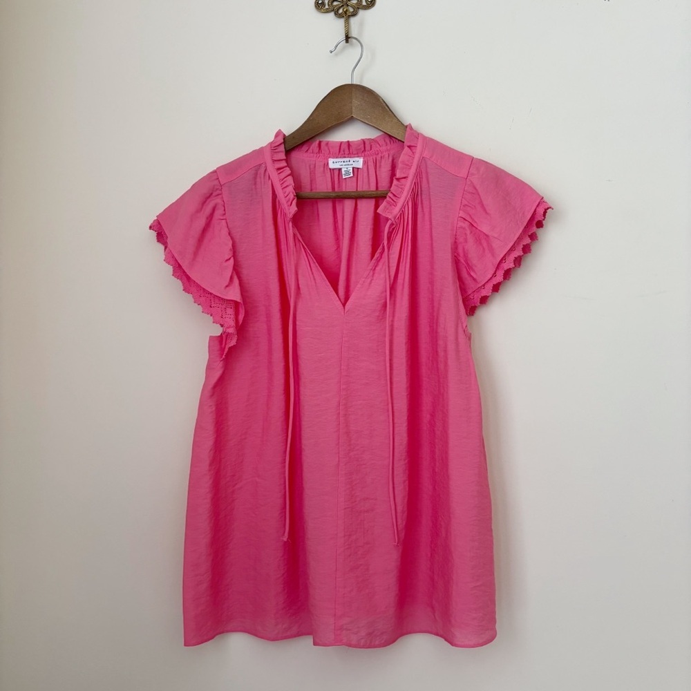 Current Air Pink Crochet Trim Ruffle Neck Blouse Small